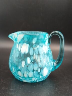 Vtg Mid-Century Hand Blown Art Glass Mini Pitcher Creamer - Turquoise Splatter